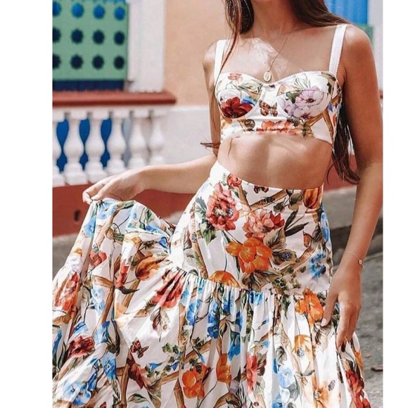 Boho Floral Print Cami Cropped top Maxi Skirt Set - Picture 9 of 13